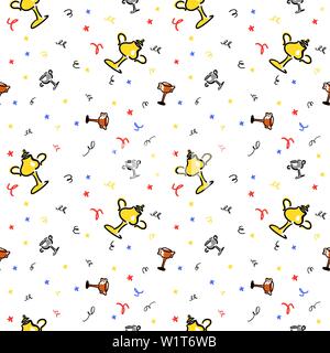 Seamless pattern background design Sport theme with winner's cups gold, silver, bronze. Doodle colorful style. Sketch draw. Perfect for greetings, inv Stock Vector