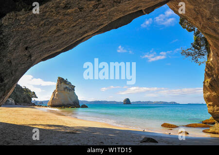 View from inside the Cathedral Cove onto the Mercury Bay, Coromandel, North Island, New Zealand Stock Photo