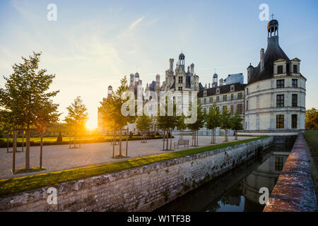 Chambord Castle, North Facade, Sunrise, UNESCO World Heritage Site, Chambord, Loire, Department Loire et Cher, Centre Region, France Stock Photo