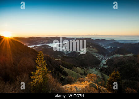 View from the Belchen south on the Wiesental valley and the Swiss Alps, morning atmosphere with fog, Belchen, Black Forest, Baden-Württemberg, Germany Stock Photo