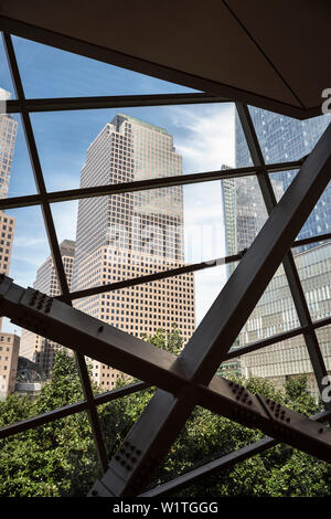 view out of 9/11 Memorial at new ONE World Trade Centre, museum, Manhattan, NYC, New York City, United States of America, USA, North America Stock Photo