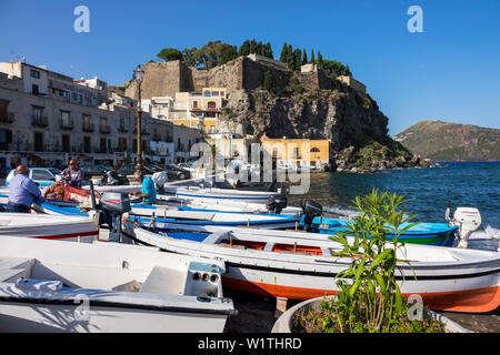 Harbour Marina Corta, Lipari town, Lipari Island, Aeolian Islands, Lipari Islands, Tyrrhenian Sea, Mediterranean Sea, Italy, Europe Stock Photo