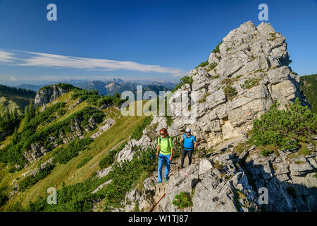 A man and a woman walking on, rising to the Aiplspitze Aiplspitze, Mangfall Mountains, the Bavarian Alps, Upper Bavaria, Bavaria, Germany Stock Photo