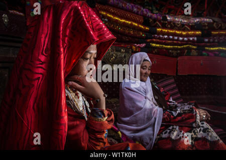 Kyrgyz woman in yurt, Pamir, Afghanistan, Asia Stock Photo