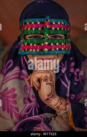 Bandari woman with traditional mask, Persian Gulf, Iran, Asia Stock Photo