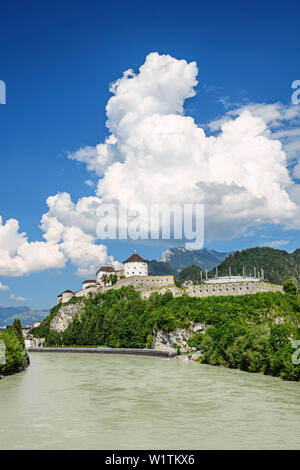 River Inn with castle of Kufstein and Kaiser Mountains in background, Kufstein, Tyrol, Austria Stock Photo