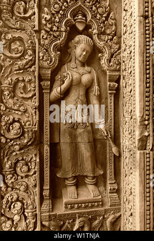 Devata Relief at Banteay Srei, Angkor Wat Temple, Cambodia, Asia Stock Photo