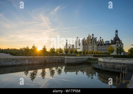 Chambord Castle, North Facade, Sunrise, UNESCO World Heritage Site, Chambord, Loire, Department Loire et Cher, Centre Region, France Stock Photo