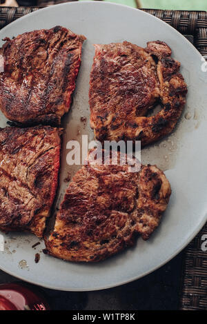 Appetizing grilled fresh steak medium roasted on white plate surrounded by green grass Stock Photo