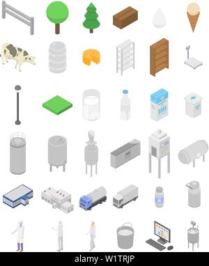 Milk factory icons set, isometric style Stock Vector