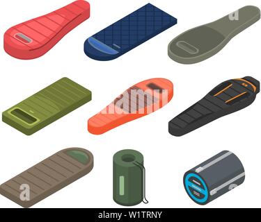 Sleeping bag icons set, isometric style Stock Vector