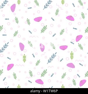 Pink Seashell Seamless pattern background design with small fish, algae, geometric shapes. Marine light backdrop. Perfect for greetings, invitations, Stock Vector
