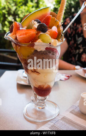 Mixed Fruit and Ice Cream Dessert, Krakow, Poland, Europe. Stock Photo