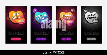 Sale banner design template set. Dynamic modern gradient fluid flyer on black background. Big special final black friday discount retail offer liquid shape poster. Vector marketing promo illustration Stock Vector