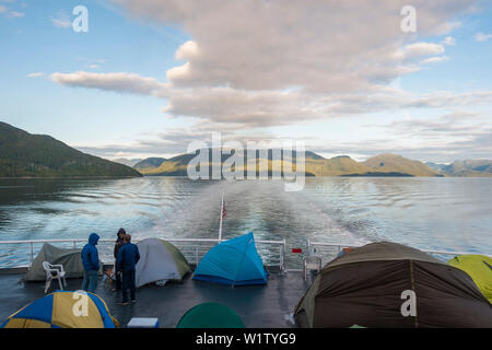 Camping on the deck of the ferry, Inside Passage, Canada Stock Photo