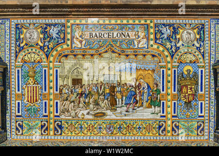 Antique ceramic, wall tiles representing provinces and cities of Spain , Barcelona Placa de Espana, spanish square, Seville, Andalusia, Spain Stock Photo