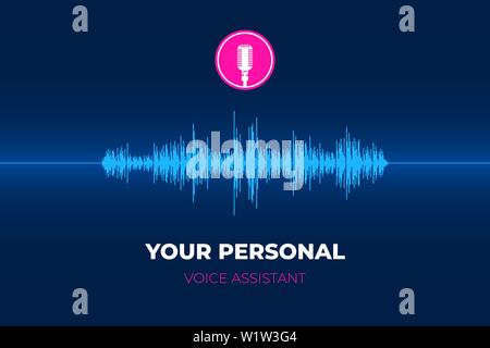 Personal voice assistant and recognition intelligent system technologies concept. Vintage retro radio microphone button and sound imitation equalizer on blue gradient background. Vector illustration Stock Vector