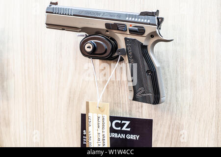 Poznan, Poland, Feb 2019 CZ semi-automatic pistol made by Czech firearm manufacturer CZUB in Czech Republic, exposition, KNIEJE Hunting shooting fair Stock Photo