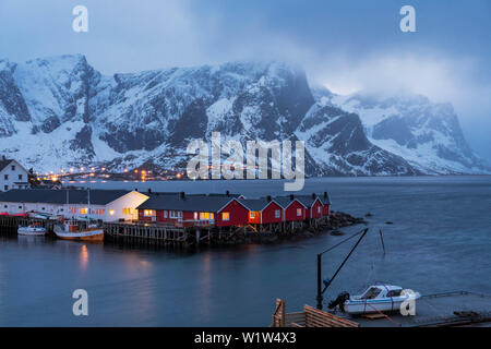 red wooden rorbu huts in fishing village Hamnoya, Moskensoya, Lofoten Islands, Norway, Skandinavia, Europe Stock Photo