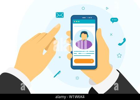 Customer and operator online technical support 24-7. White male hotline consultant advises client. Online assistant virtual help service on smartphone. Chat web vector illustration Stock Vector
