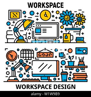 Workplace banner set, outline style Stock Vector