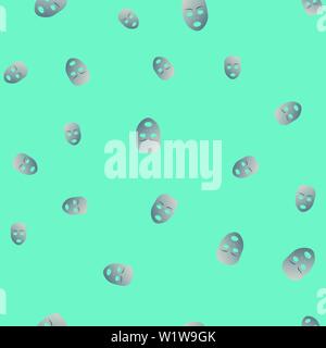 Seamless pattern of theatrical mask with astonished emotion. Vector illustration. Silver mask with gradient on turquoise background. Stock Vector