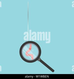We examine the worm on a hook under a magnifying glass, fishing bait. Vector illustration on color background. Stock Vector