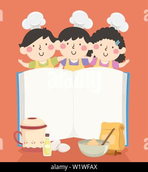 Illustration of Pastry Chef Kids with an Open Blank Book and Baking Ingredients In Front Stock Photo