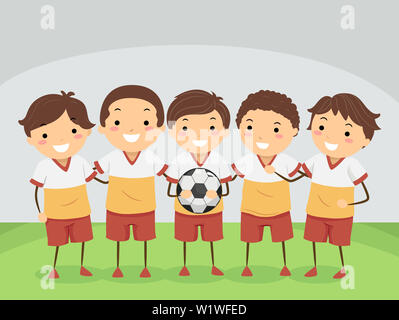 Illustration of Stickman Kids Boys Soccer Indoor Soccer Team Holding a Ball Stock Photo