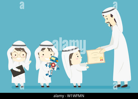 Illustration of Muslim Kids Boys Holding a Robot They Made and Receiving an Award from a Man Stock Photo