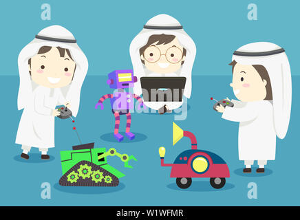 Illustration of Muslim Kids Boys Playing with Robots and Using a Laptop Stock Photo