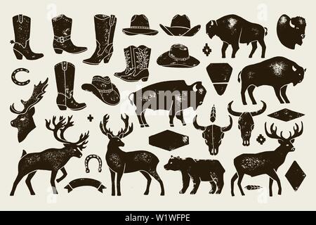 Big set of Hand Draw vintage native American signs from Deer, Buffalo, Cowboy Boots and Hats, cow Skulls, bear. Vector Badge Silhouette for creating L Stock Vector