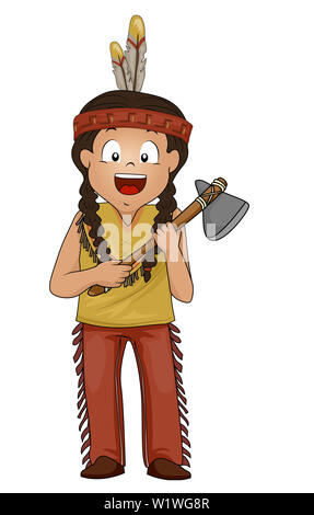 Illustration of a Native American Kid Boy Holding a Stone Ax Stock Photo