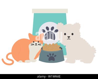 cute cat and dog mascots with food bag vector illustration design Stock Vector