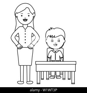 cute little student boy with female teacher in schooldesk vector illustration design Stock Vector