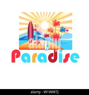 Bright summer color landscape with palm trees and beach on a sunny background. Icon advertising tourism and travel to tropical islands. Stock Vector