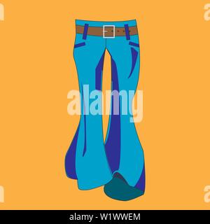Trousers flared. 1970s fashion. Blue jeans on a brown background. Vector illustration Stock Vector