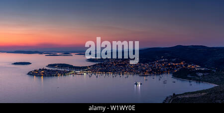 Panorama of dusk over Primosten on the coast of Croatia Stock Photo