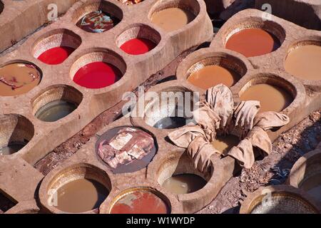 High angle view of leather and tanning quater in Fes, Morocco Stock Photo