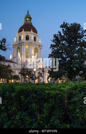 A twilight view of the iconic Pasadena City Hall in Los Angeles County. This building is listed in the National Register of Historic Places. Stock Photo