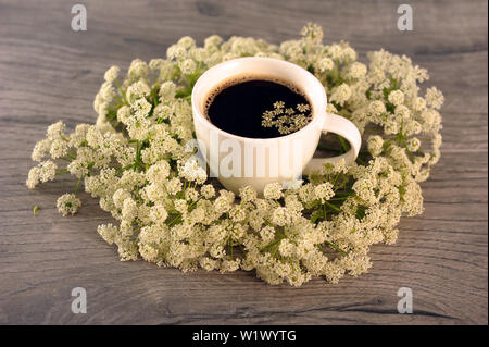 High angle view of coffee in white cup surrounded by white flowers. Cowparsley and hot beverage on wooden table. Horizontal photo. Stock Photo