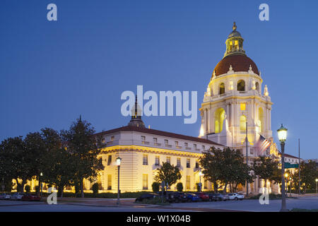 A twilight view of the iconic Pasadena City Hall in Los Angeles County. This building is listed in the National Register of Historic Places. Stock Photo