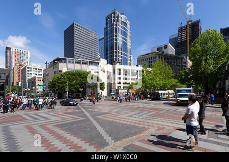 United States of America, USA, Seattle, Washington, 4th Ave and Pine St, 17th of May 2019. View on the Westlake Park in downtown Seattle. Stock Photo