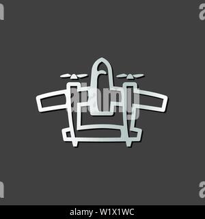 Vintage airplane icon in metallic grey color style. Double propeller bomber Stock Vector