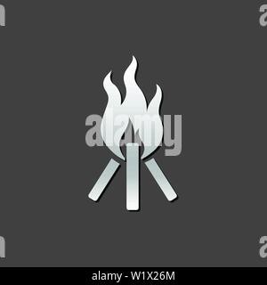 Camp fire icon in metallic grey color style. Camping burn wild fire Stock Vector