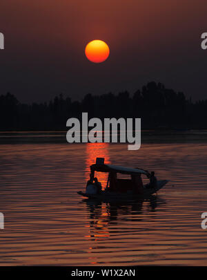 Srinagar. 3rd July, 2019. Photo taken on July 3, 2019 shows a boatman rowing his boat during sunset at Dal Lake in Srinagar city, the summer capital of Indian-controlled Kashmir. Credit: Javed Dar/Xinhua/Alamy Live News Stock Photo