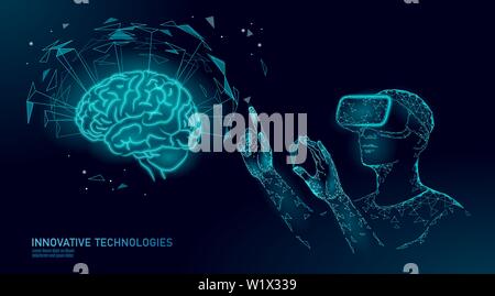 Active human brain VR headset next level menthal abilities. Man wearing glasses augmented reality geometric blue glowing. Neurocomputer vector Stock Vector