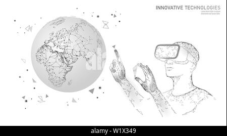 Science ecology planet Earth concept. VR headset holographic projection virtual reality glasses. Futuristic research save nature terraforming analysis Stock Vector