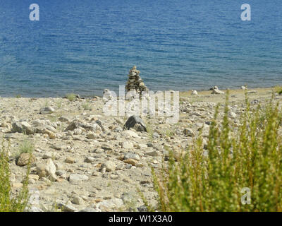 Lake in the sky: Pangong Lake, Ladakh india, in the early morning busking in the sunlight. Stock Photo