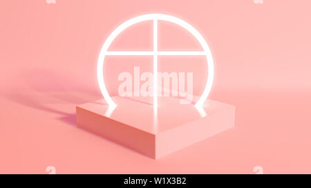 A rectangular cube base holding an illuminated neon white crucifix on an isolated salmon pink studio environment - 3D render Stock Photo